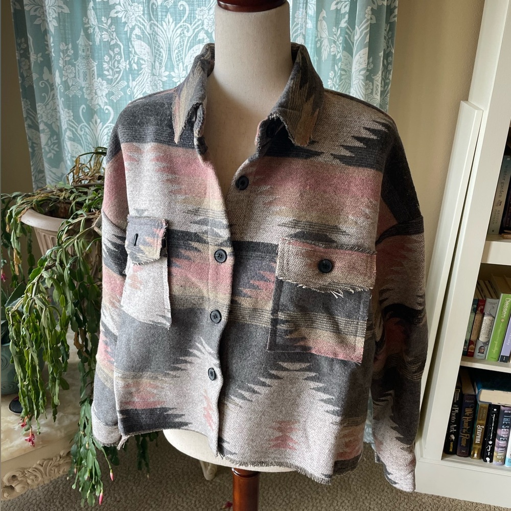 Aztec gray and pink western boho Distressed Flannel oversized